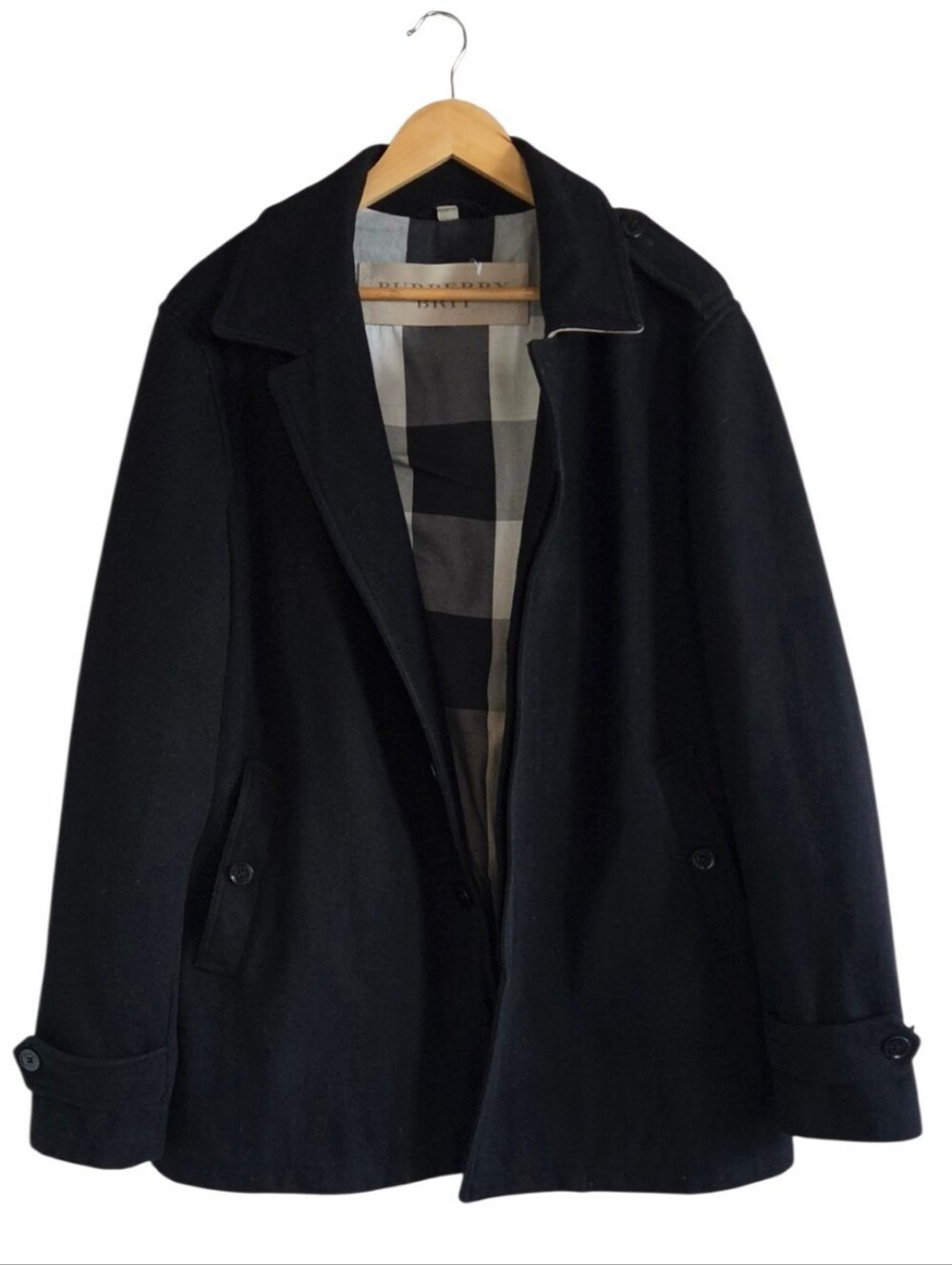 Burberry Brit Wool Coat Signature Plaid Lining Collar Black Size XL Quiet Luxury